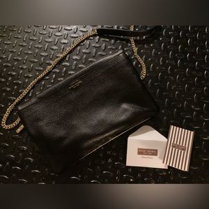 Henri Bendel cross body chain black leather purse with tan thatch on one side